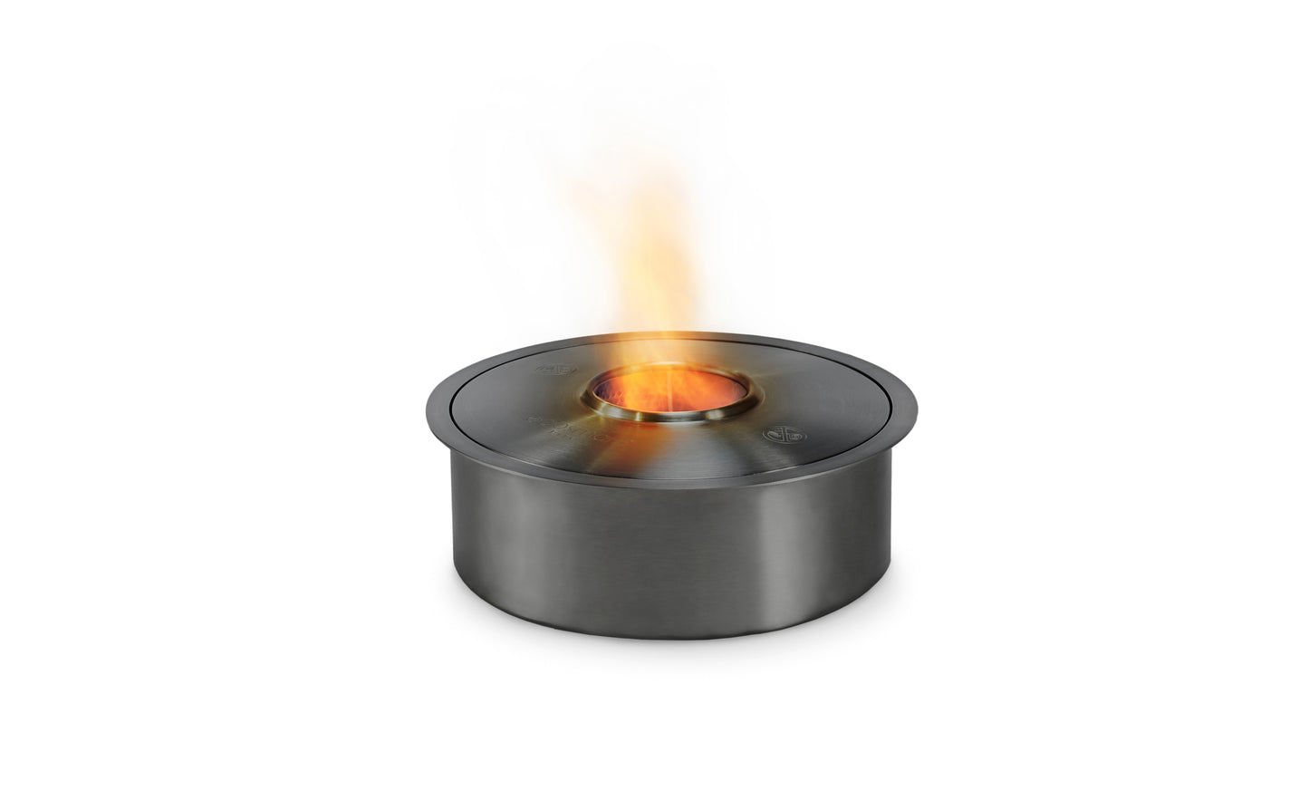 Small black metal fire pit with flames on a white background
