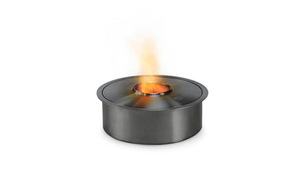 Small black metal fire pit with flames on a white background