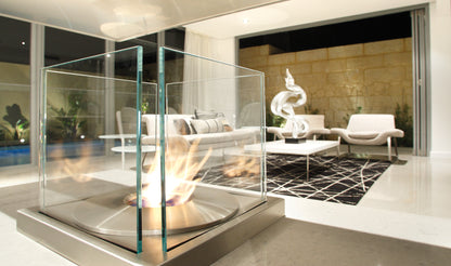 Modern living room with a glass-enclosed fireplace.