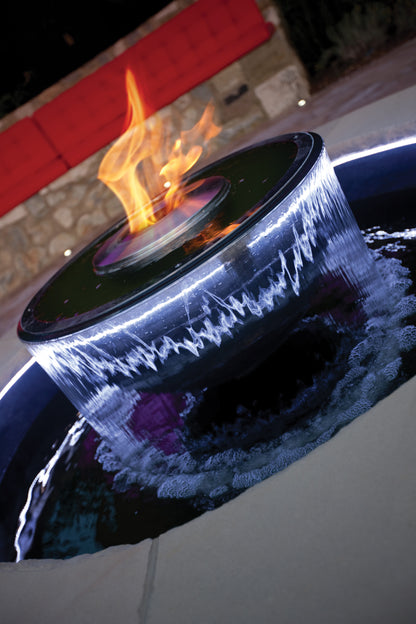 Outdoor fire pit with water feature and flames