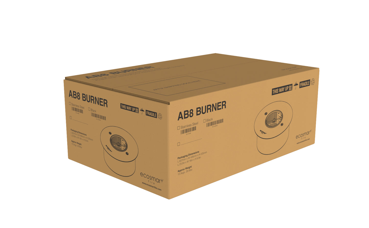 Cardboard box with 'AB8 Burner' branding on a white background