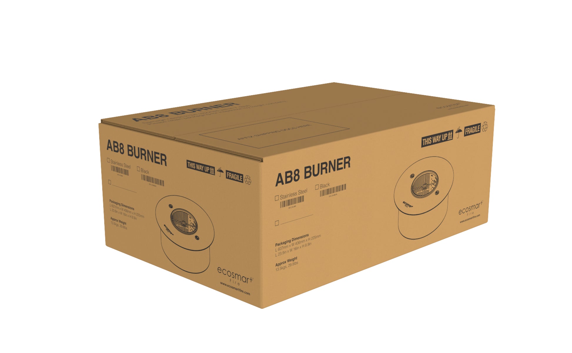 Cardboard box with 'AB8 Burner' branding on a white background