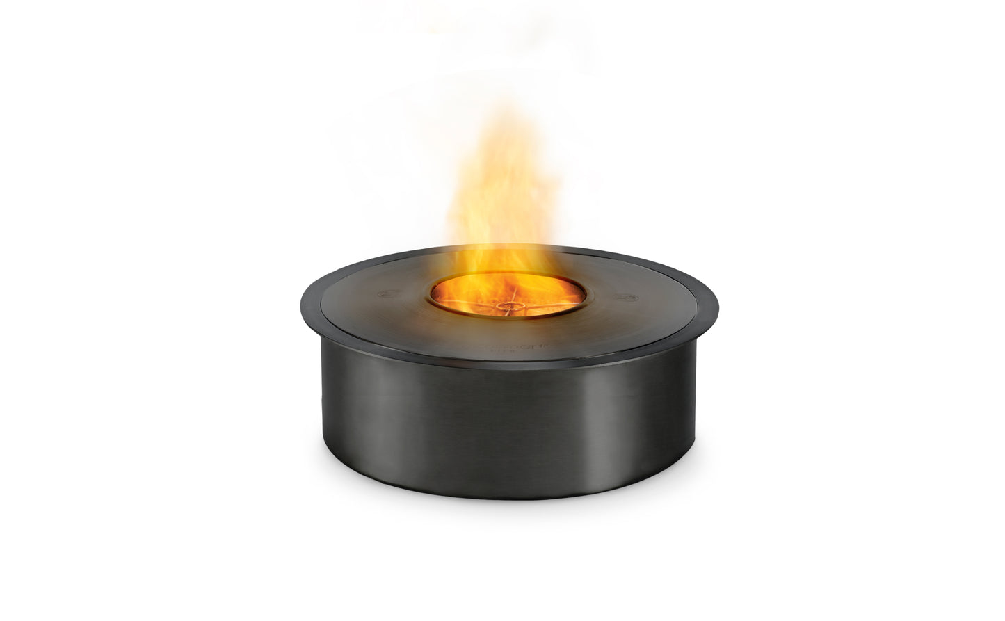 Black round fire pit with flames on a white background