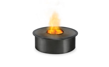 Black round fire pit with flames on a white background