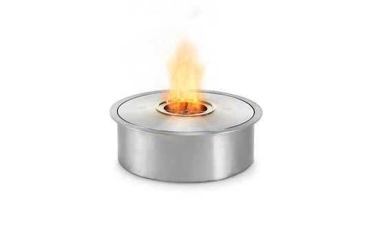 Metallic fire pit with flame on a white background