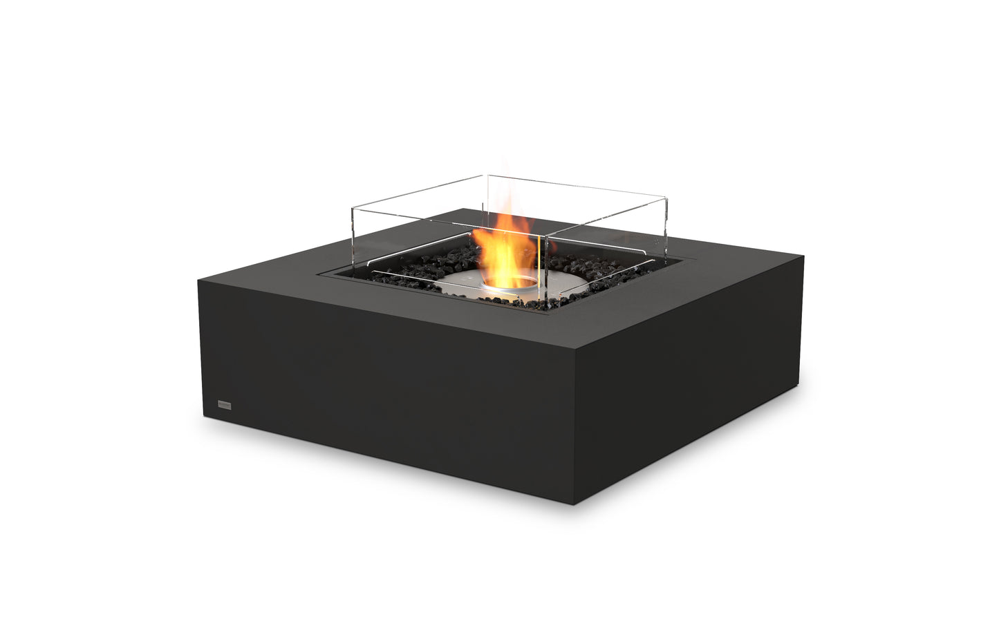 Black fire pit table with flames on a white background