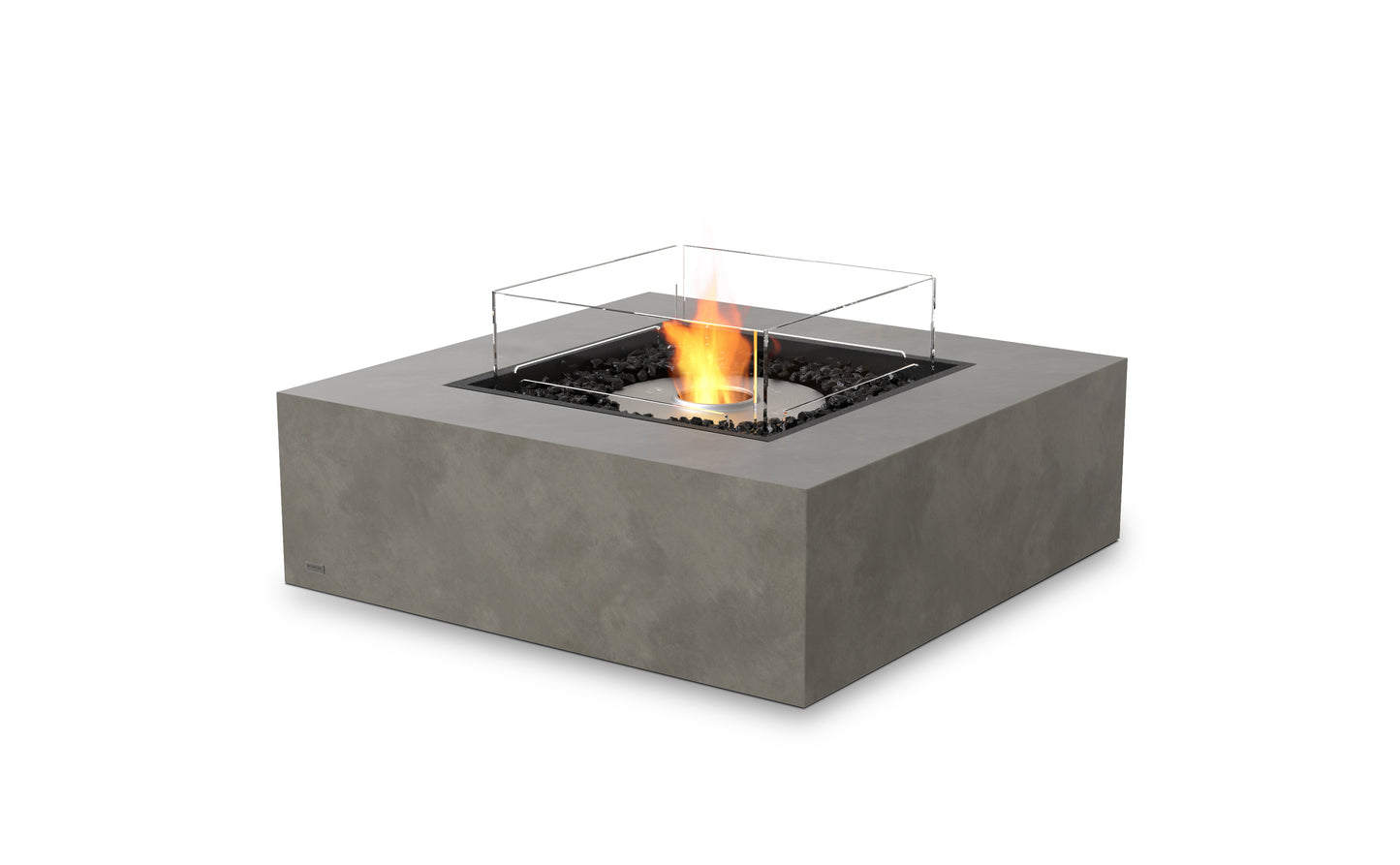 Square concrete fire pit with glass cover on a white background