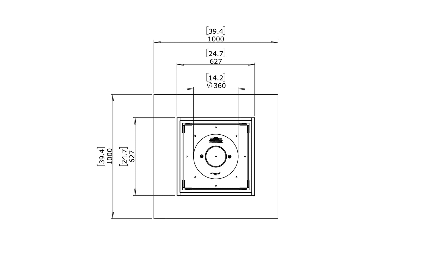 Technical drawing of a square object with dimensions on a white background