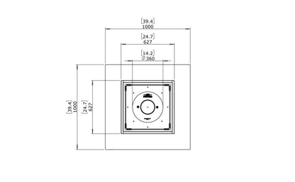 Technical drawing of a square object with dimensions on a white background