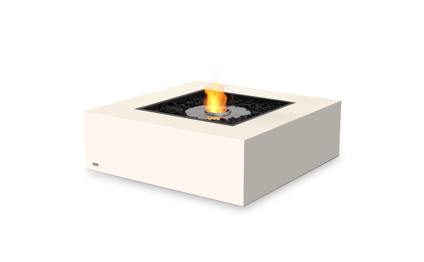 Square fire pit table with flames on a white background