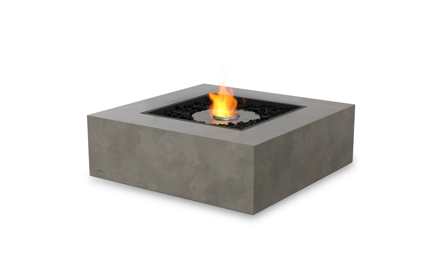 Square concrete fire pit table with flames on a white background