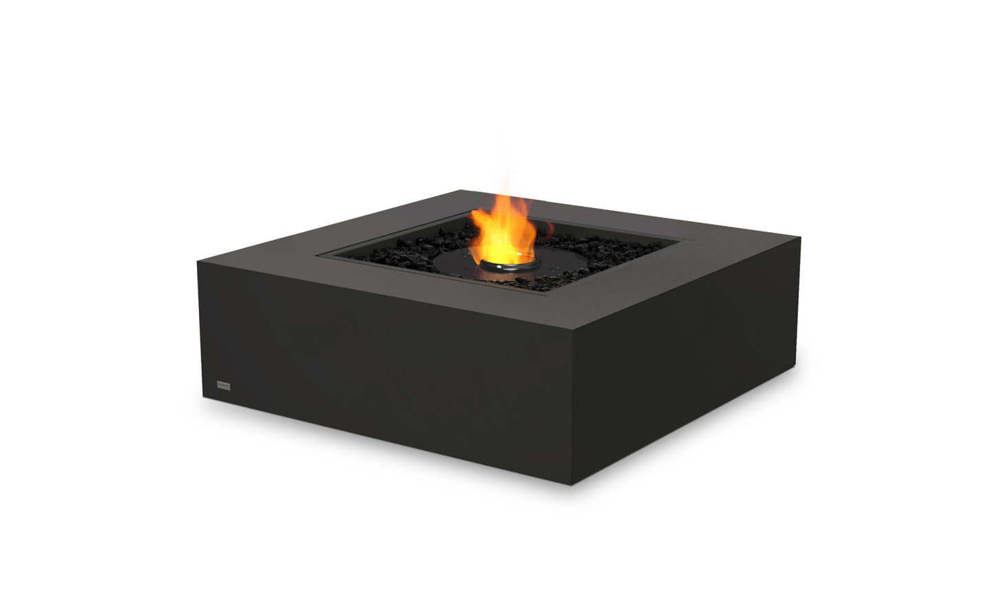 Black square fire pit with flames on a white background