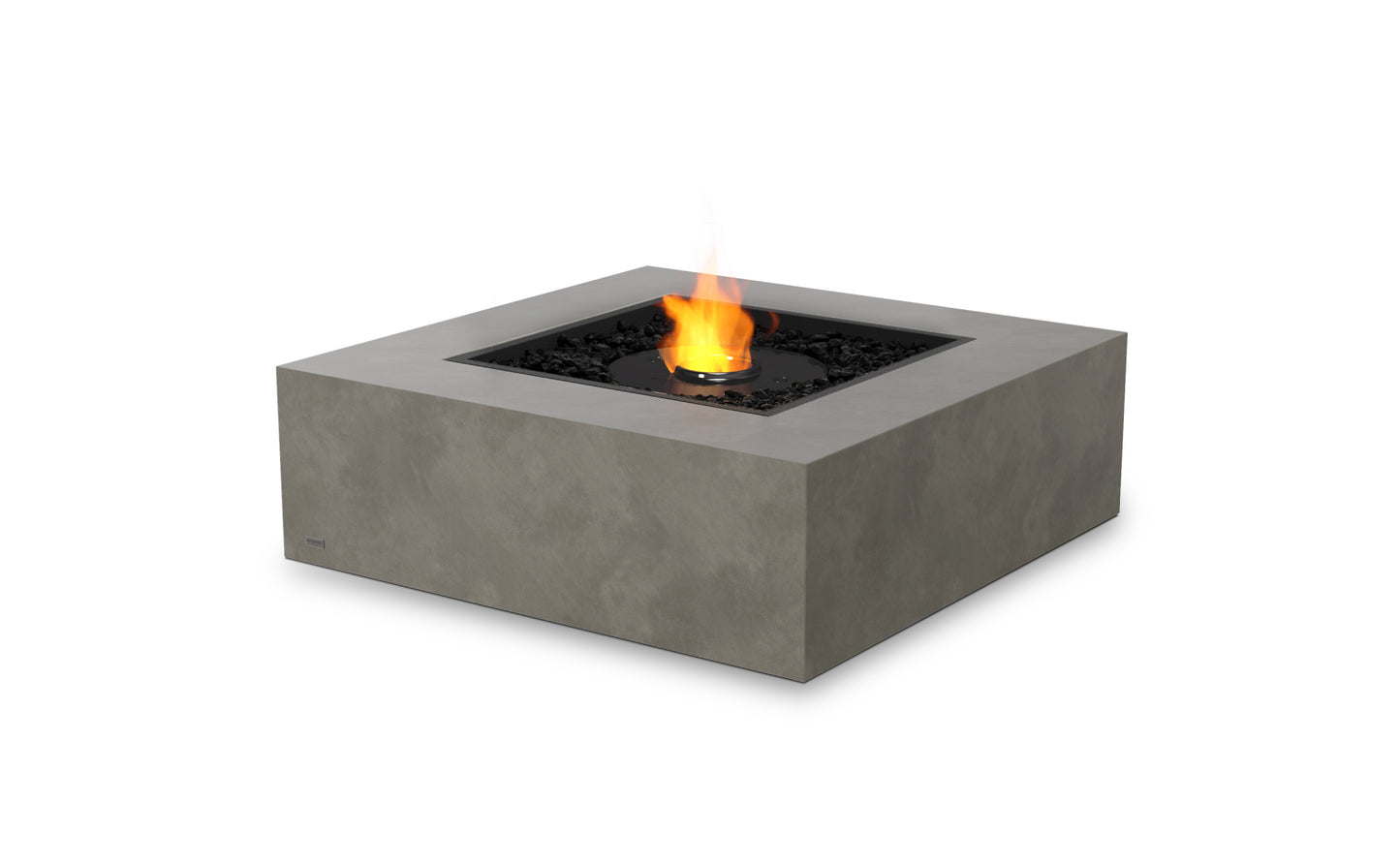 Square concrete fire pit table with flames on a white background