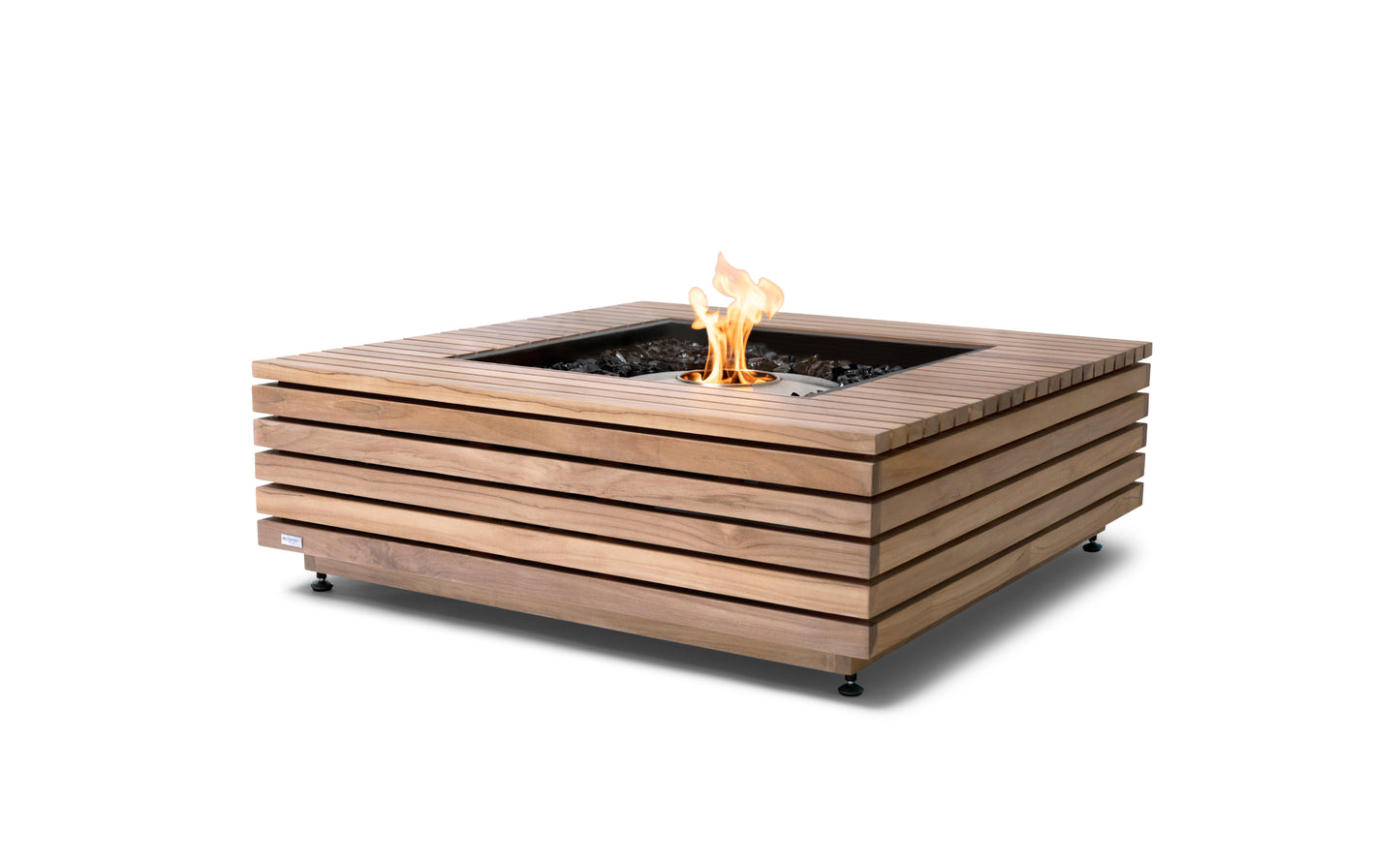 Wooden fire pit table with flames on a white background