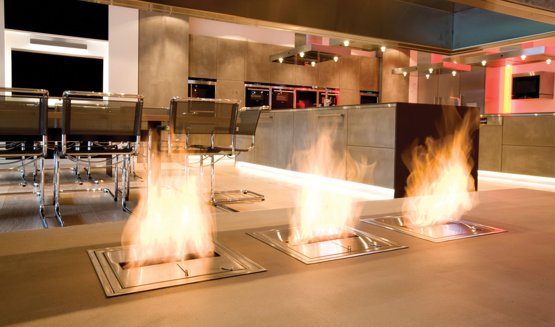 Modern kitchen with gas burners on a stovetop