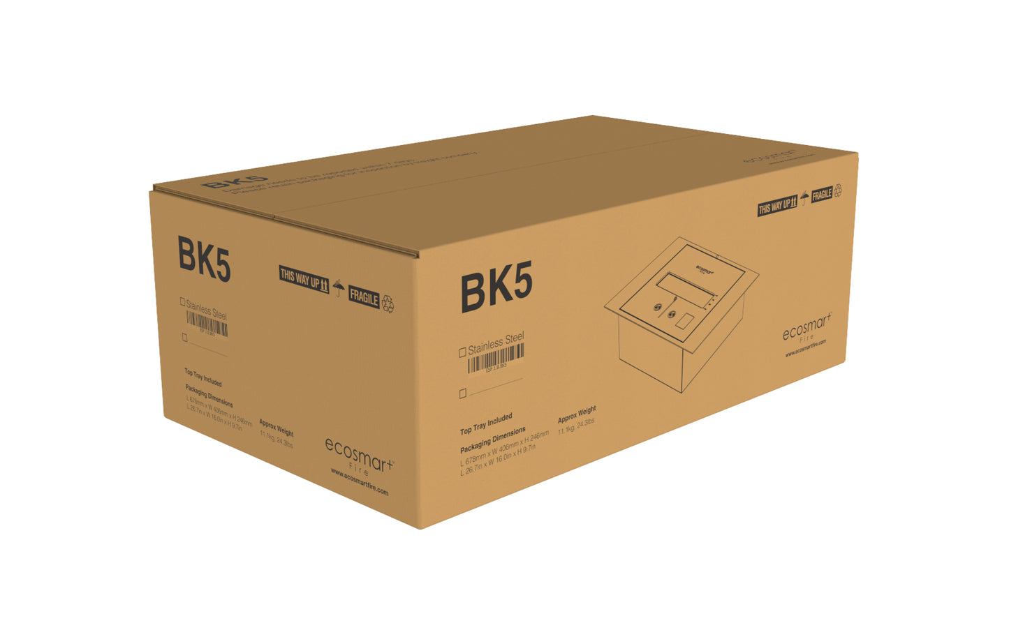Cardboard box with 'BK5' branding on a white background