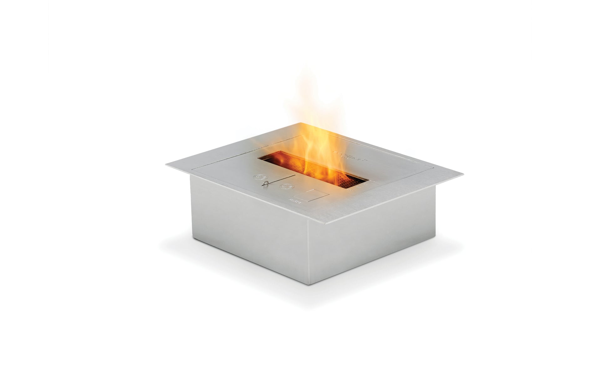 Modern square fire pit with flames on a white background