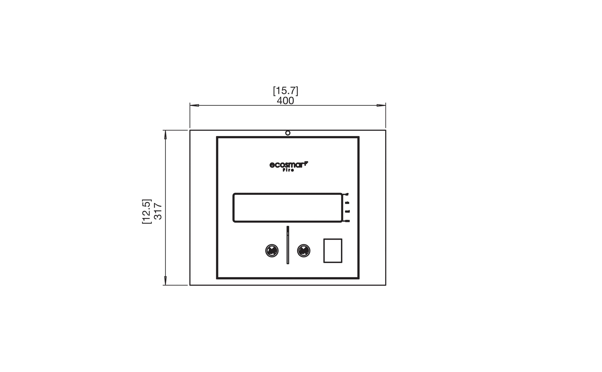 Technical drawing of a rectangular control panel with dimensions and Scandic logo.