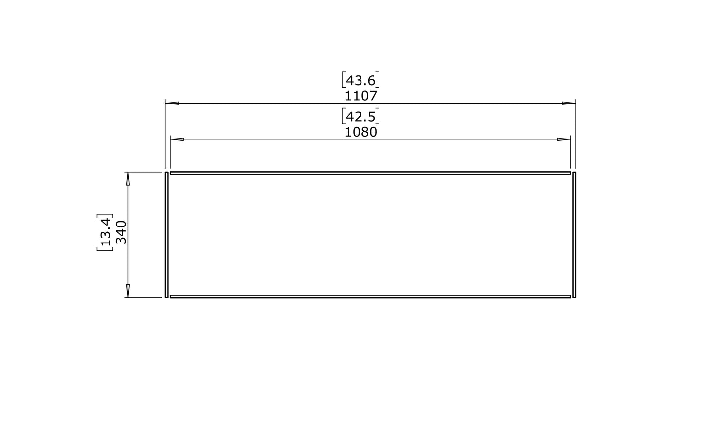 Technical drawing of a rectangular object with dimensions labeled