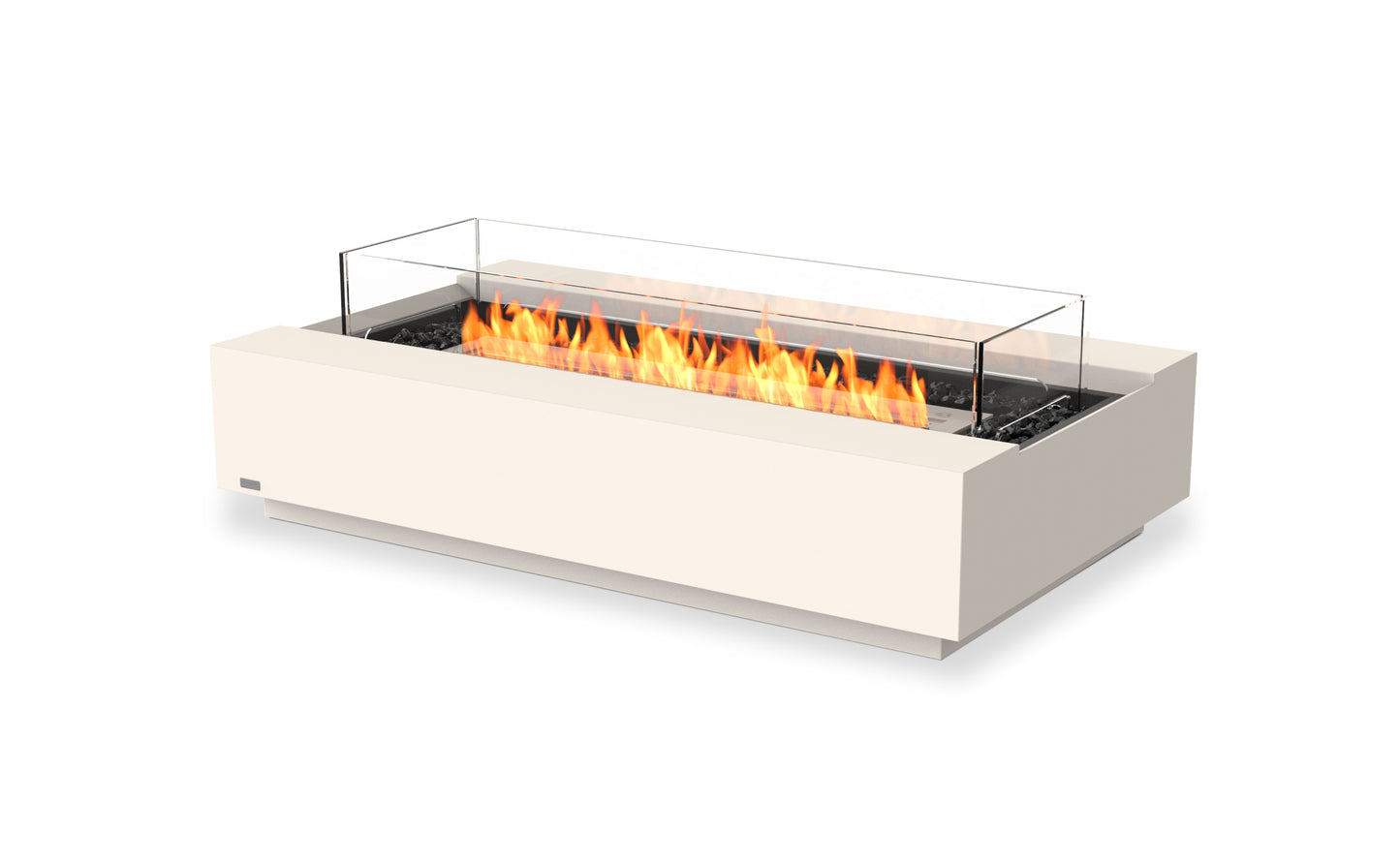 Modern ethanol fireplace with visible flames on a white background