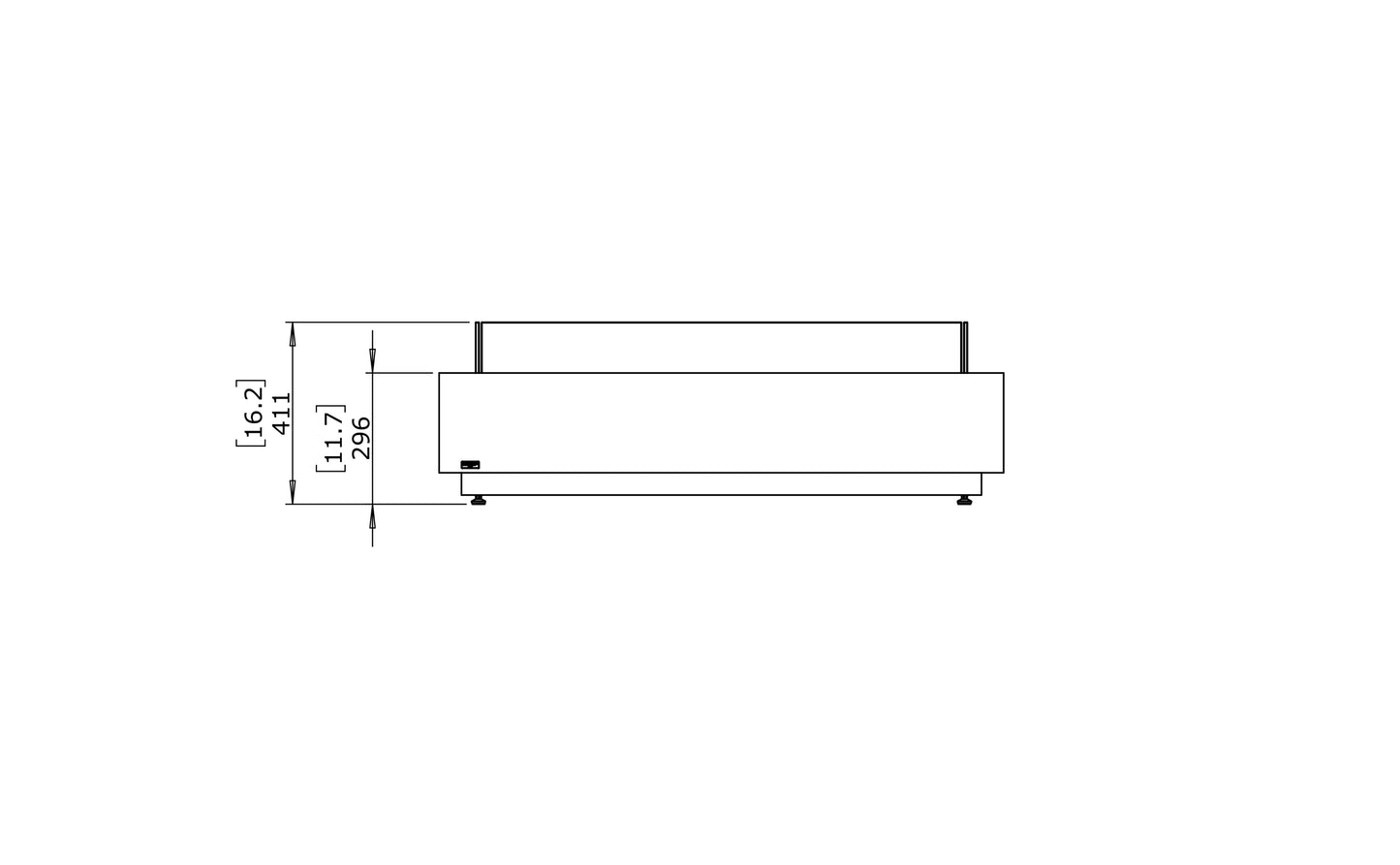 Technical drawing of a rectangular object with dimensions on a white background