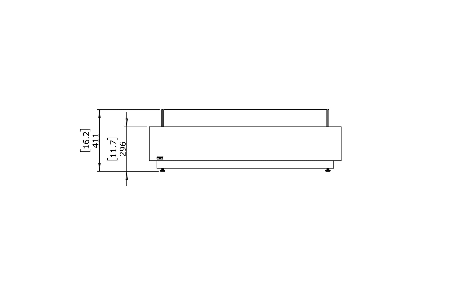 Technical drawing of a rectangular object with dimensions on a white background