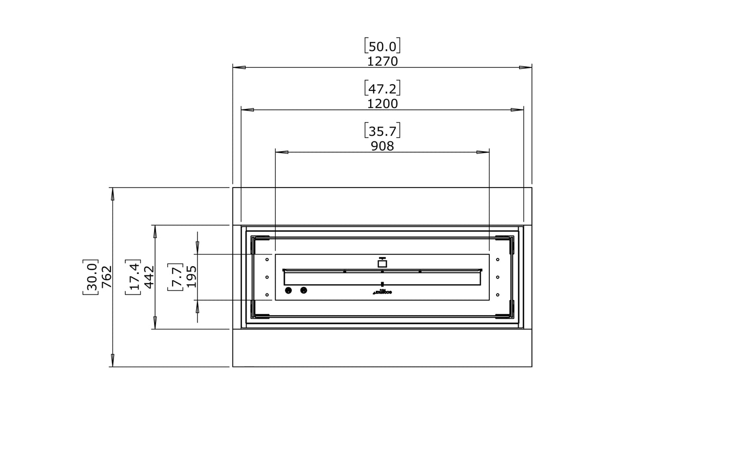 Technical drawing of a rectangular component with dimensions