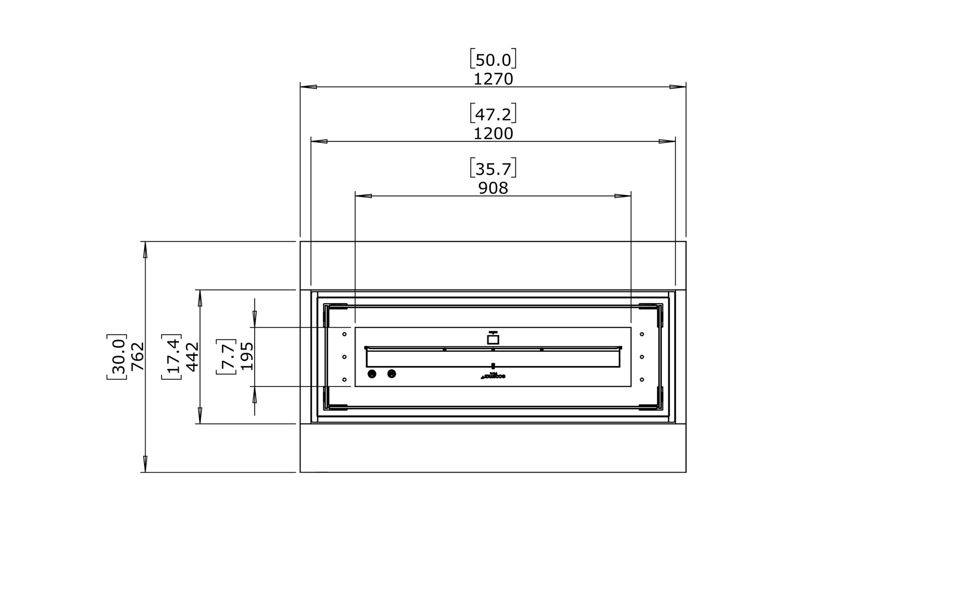 Technical drawing of a rectangular component with dimensions