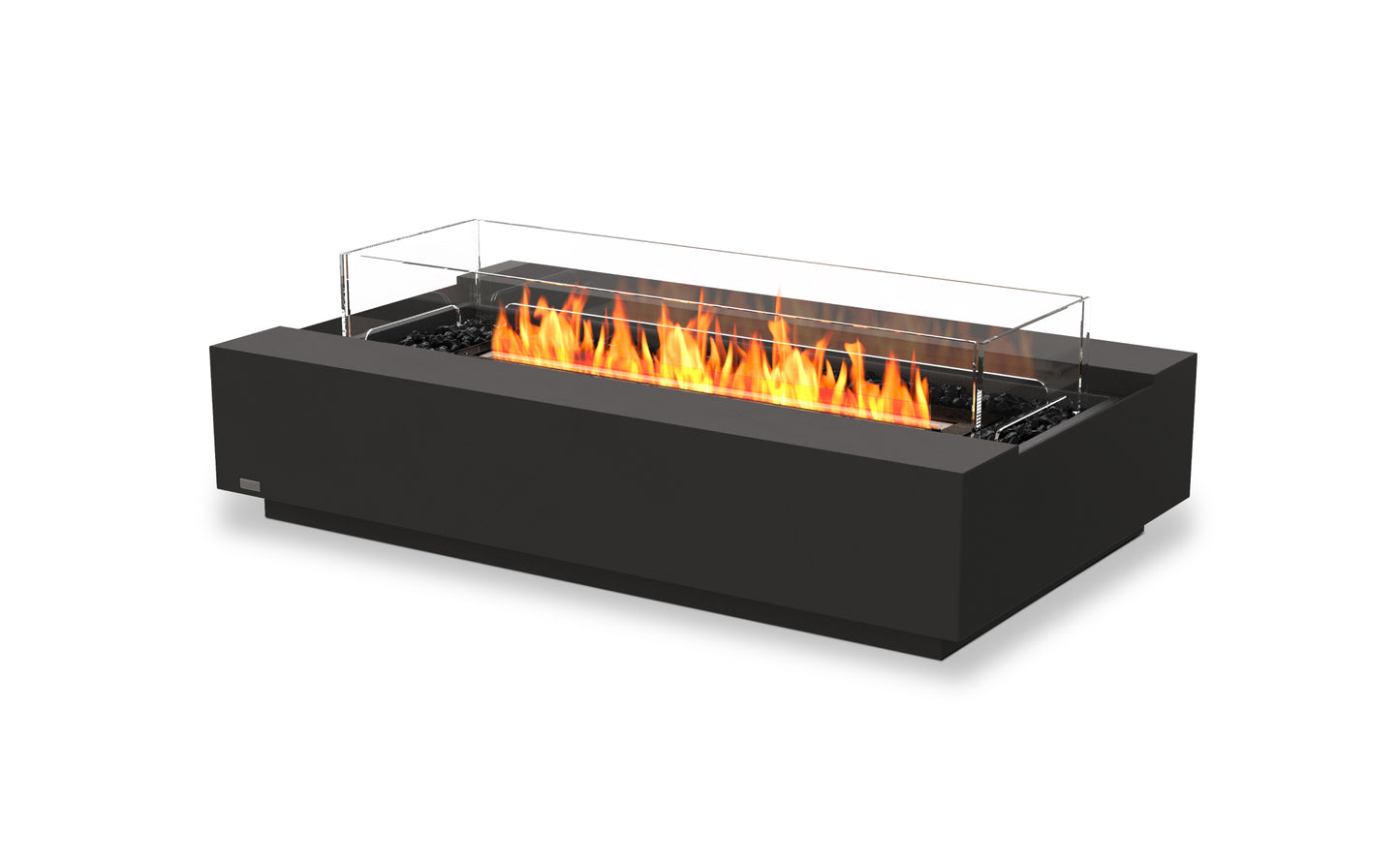 Black fire pit table with flames on a white background