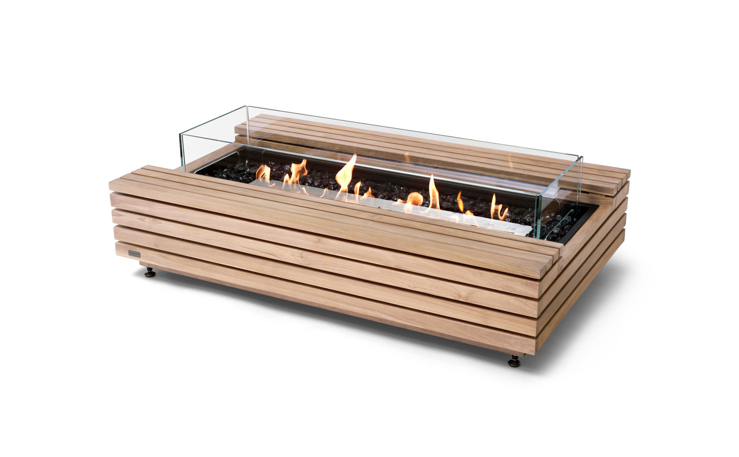 Wooden fire pit table with flames on a white background