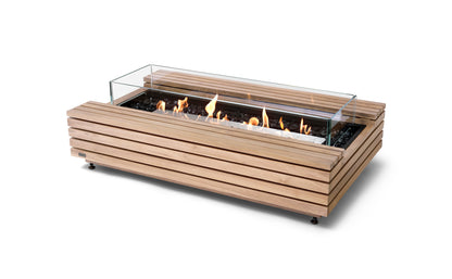 Wooden fire pit table with flames on a white background