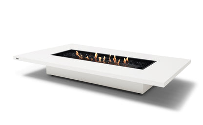 Modern white fire pit table with flames on a white background