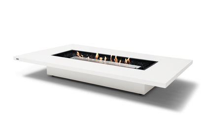 Modern white fire pit table with flames on a white background