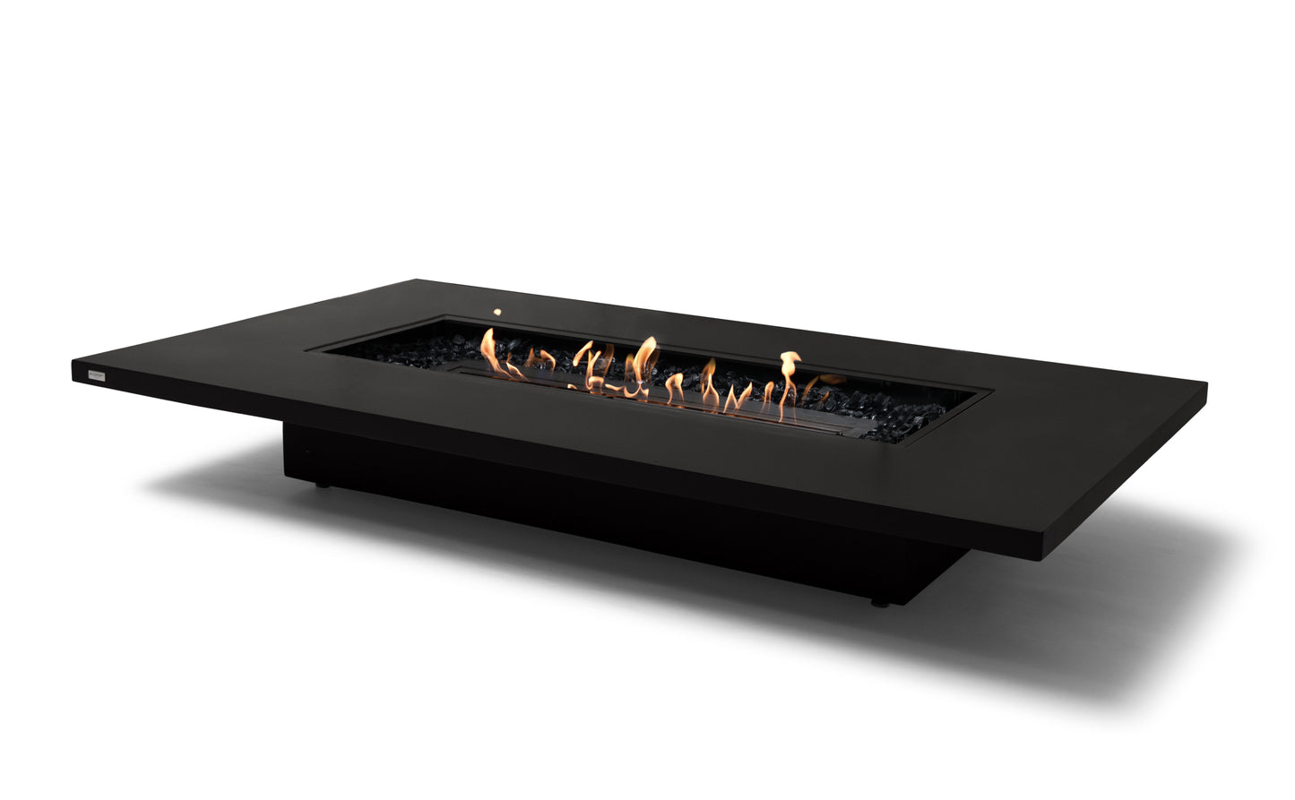 Modern black fire pit table with flames on a white background