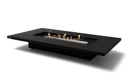 Modern black fire pit table with flames on a white background