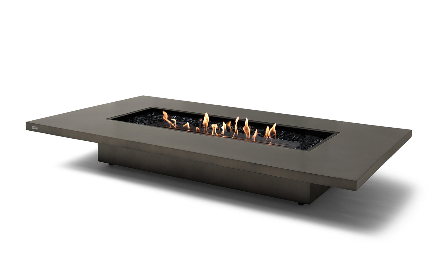 Rectangular fire pit table with flames on a white background