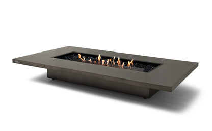 Rectangular fire pit table with flames on a white background