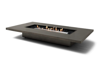 Rectangular fire pit table with flames on a white background
