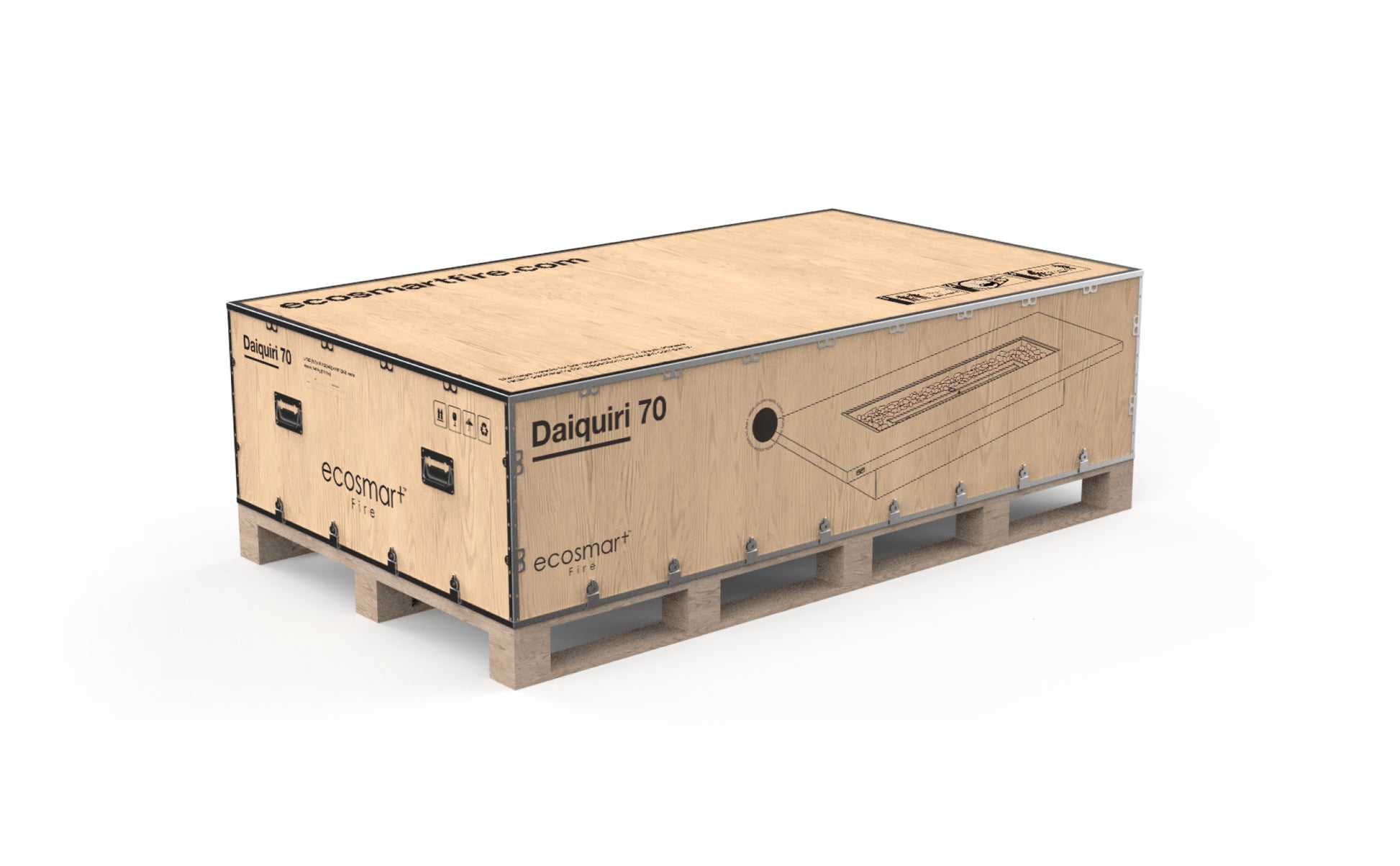 Cardboard shipping crate with 'Daiquiri 70' branding on a white background