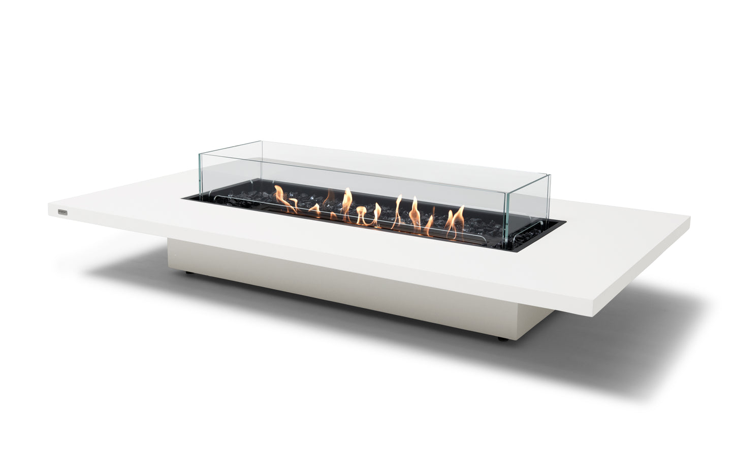 Modern white fire pit table with flames on a white background