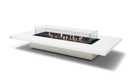 Modern white fire pit table with flames on a white background