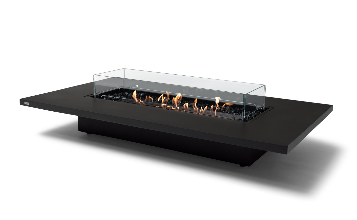 Modern black fire pit table with flames on a white background