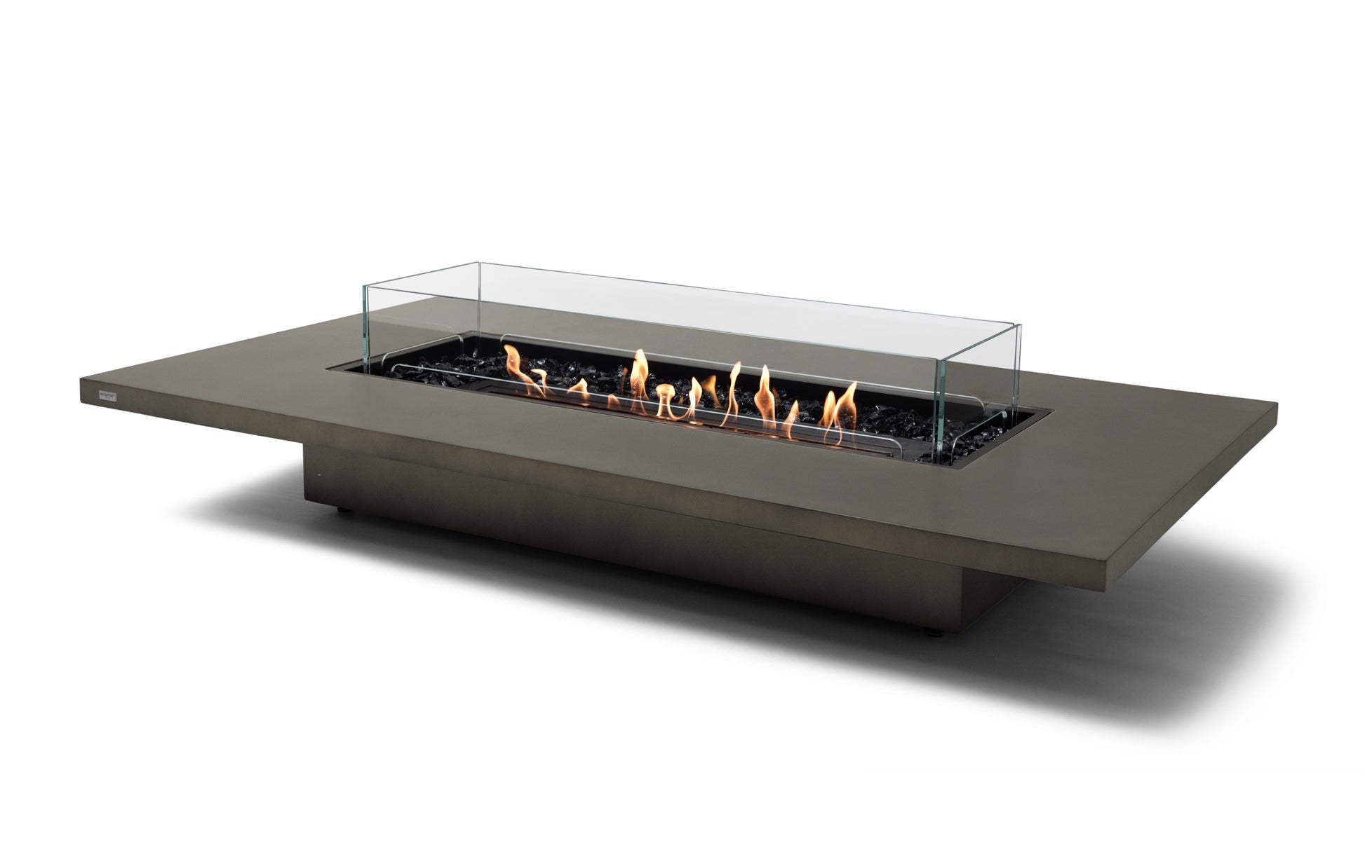 Modern outdoor fire pit table with flames on a white background