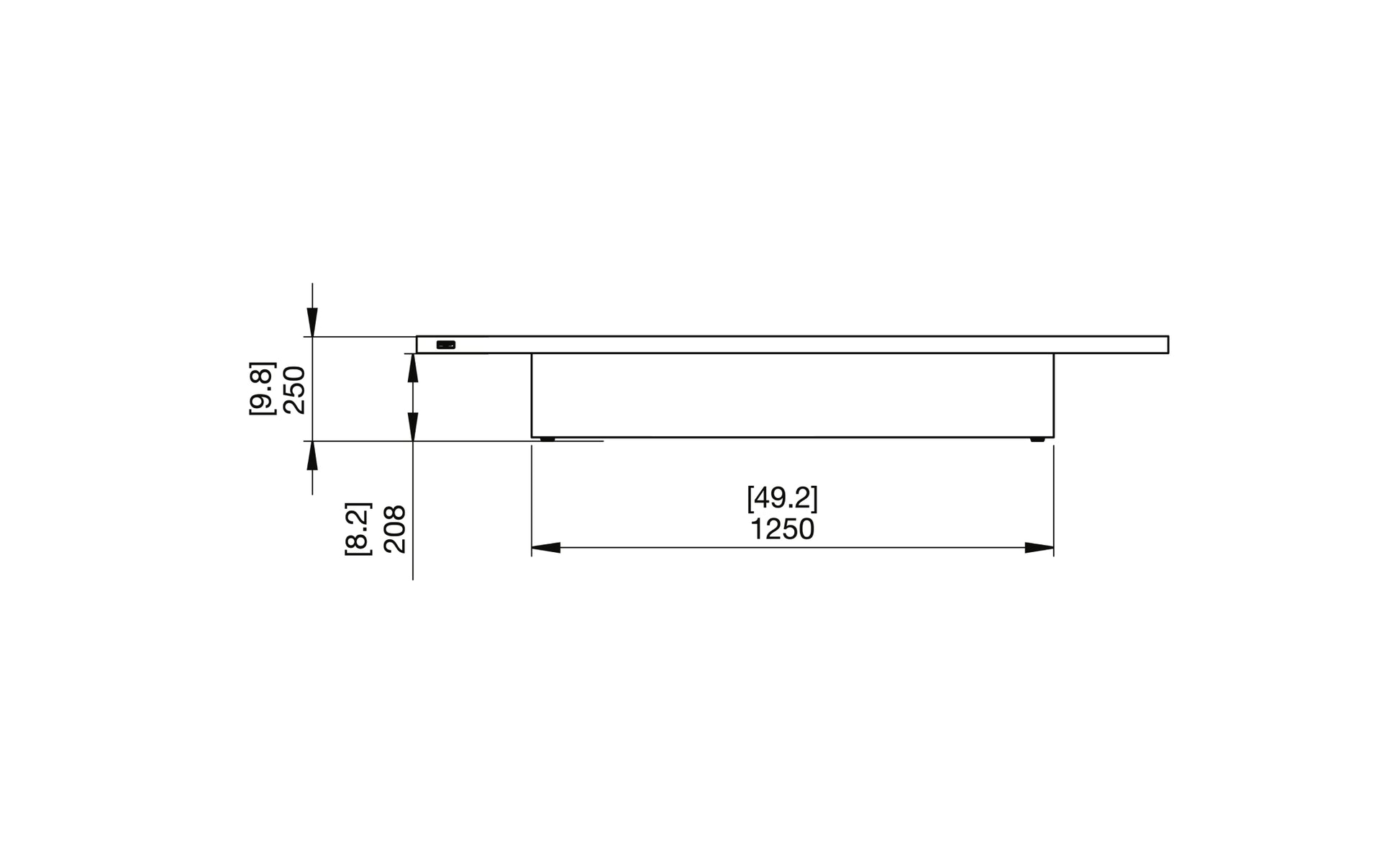 Technical drawing of a rectangular object with dimensions