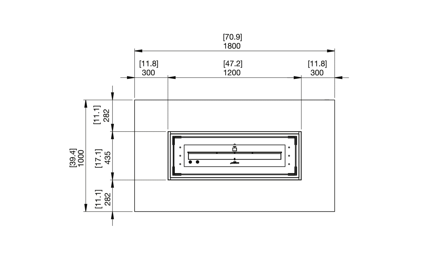 Technical drawing of a rectangular object with dimensions