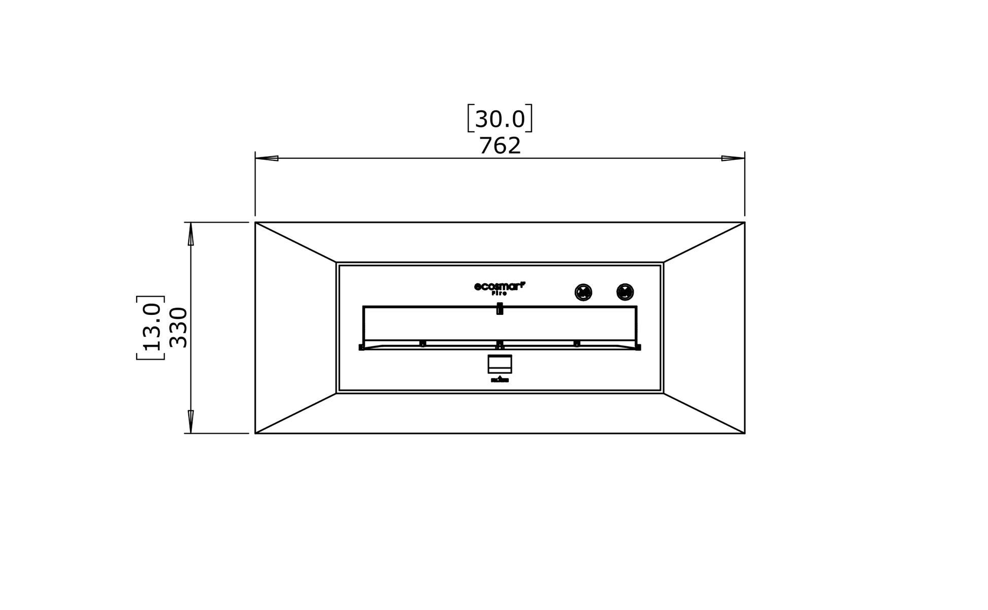 Technical drawing of a rectangular object with dimensions and brand name on a white background