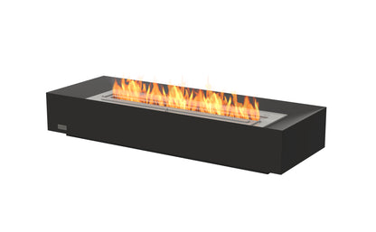 Modern black fire pit with flames on a white background