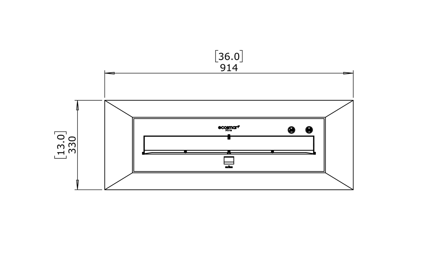 Technical drawing of a rectangular object with dimensions and brand name on a white background