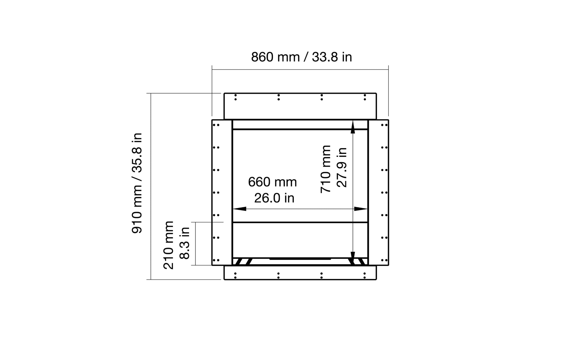 Technical drawing of a rectangular component with dimensions labeled