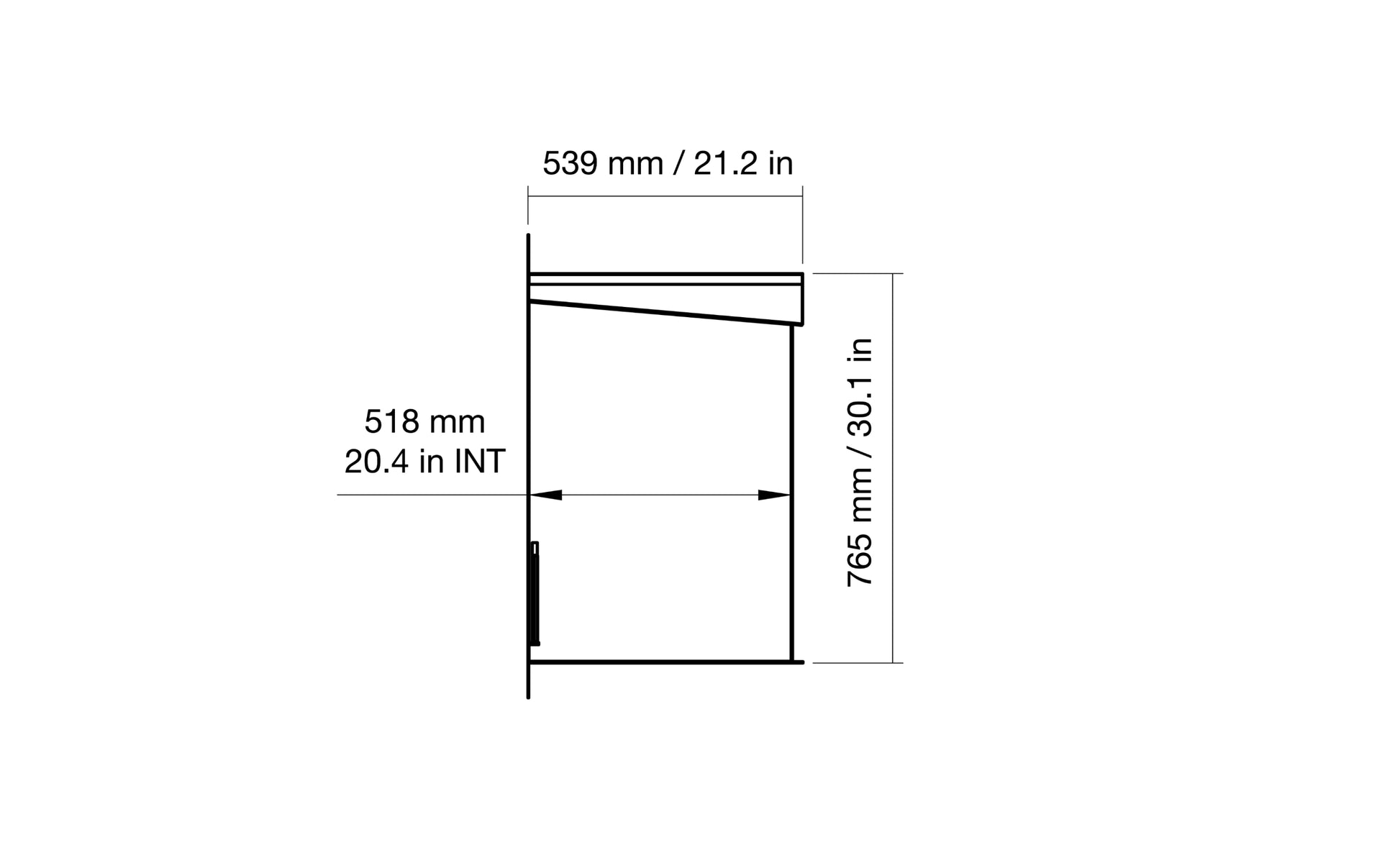 Technical drawing with dimensions labeled in millimeters and inches